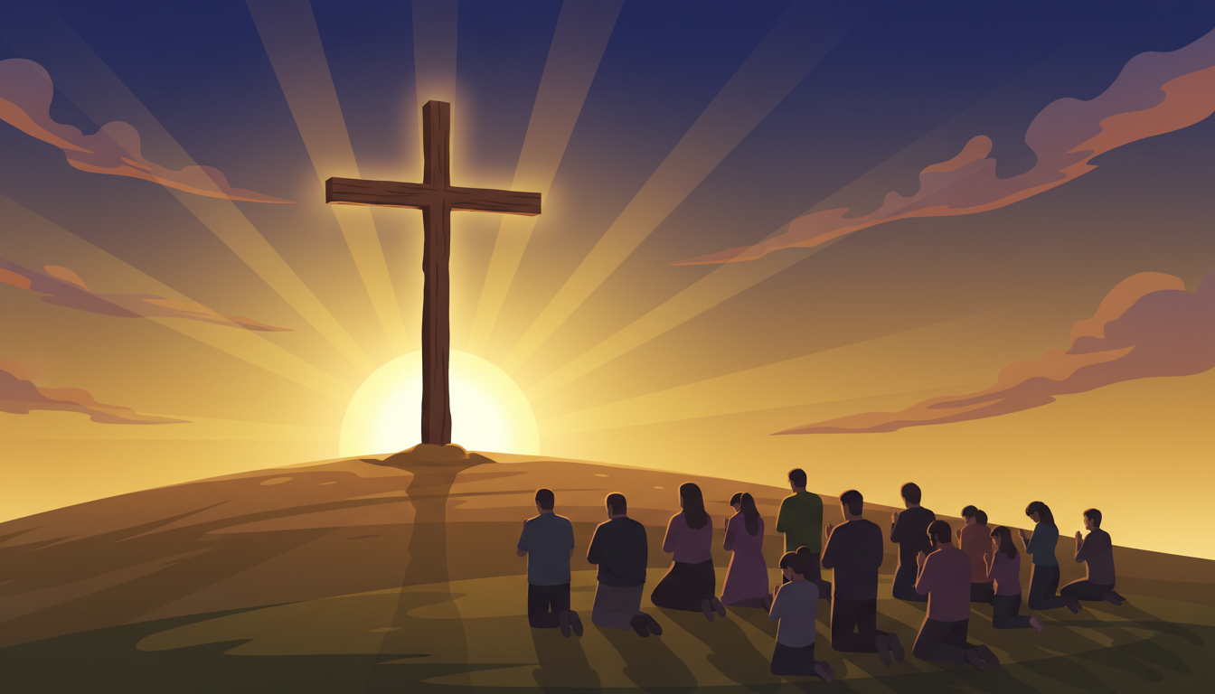 A cross on a hill at sunset with people kneeling in prayer before it